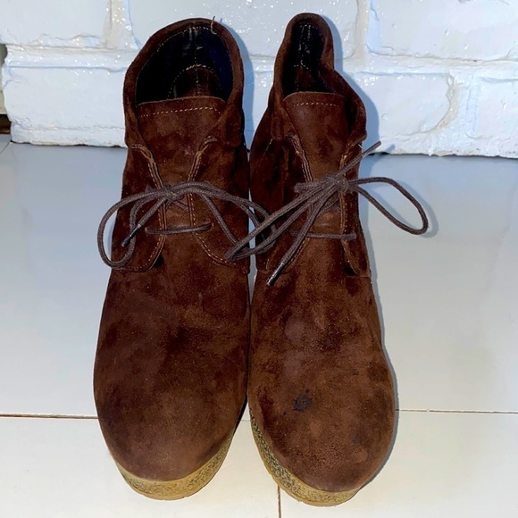 Chocolate Brown 💯 suede wedge booties. Lace up. Size 8. 4”  wooden wedge. - Picture 2 of 6